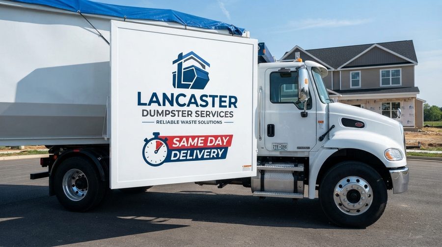 Lancaster Dumpster Services delivery truck out on a same-day job